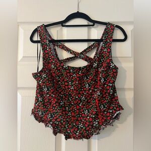 Free People Black Strawberry Print Cropped Tank